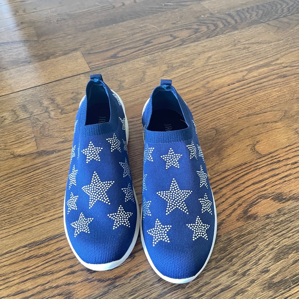 J. Renee Fashion Sneakers, Blue Stretch Fabric, Memory Foam Lining W/Star Sz :9